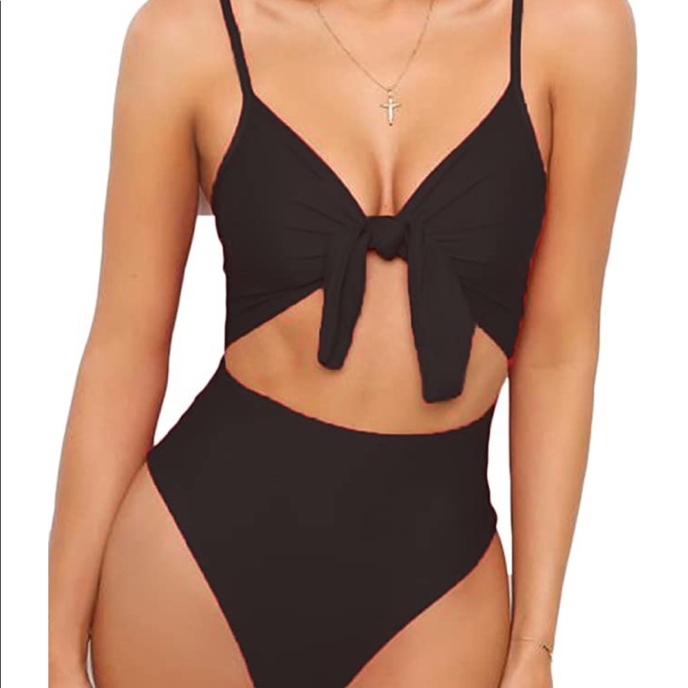 Black one piece bikini bathing swimsuit cutout tie